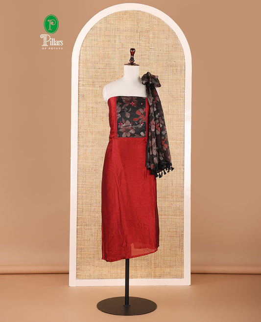 Red material chudidar set,brasso floral print & mirror neck embroidery vichitra silk top,santoon bottom & floral print georgette dupatta
