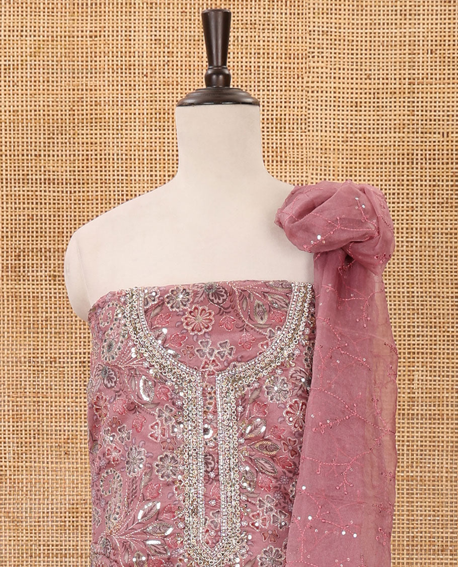 Onion pink material chudidar set, floral printed & outline mixed embroidery organza top,plain bottom & floral vine sequins embroidery dupatta