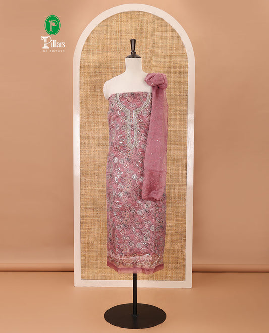 Onion pink material chudidar set, floral printed & outline mixed embroidery organza top,plain bottom & floral vine sequins embroidery dupatta