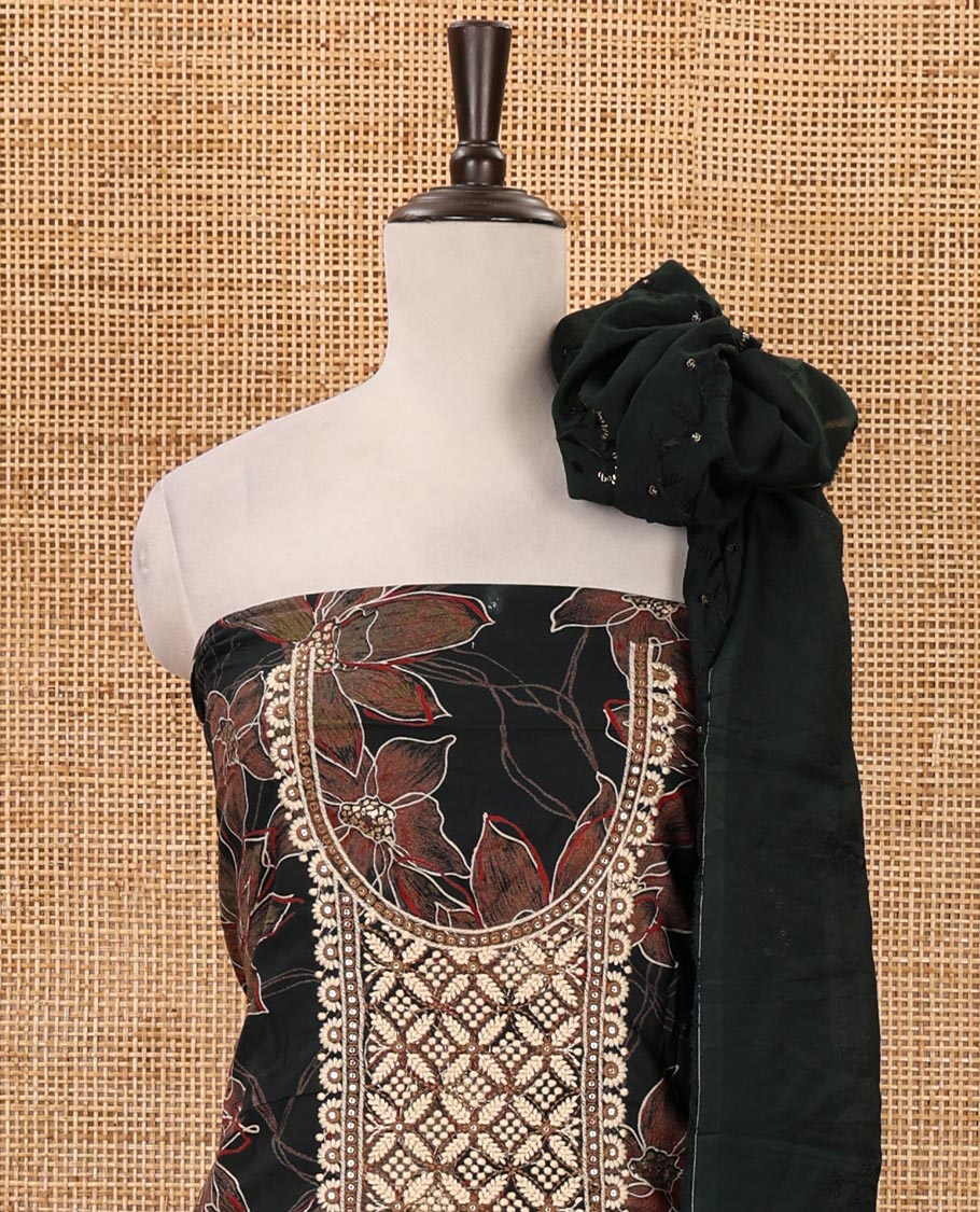 Dark green material chudidar set, floral print & thread neck embroidered rayon top, matching cotton bottom & sequins embroidered floral dupatta