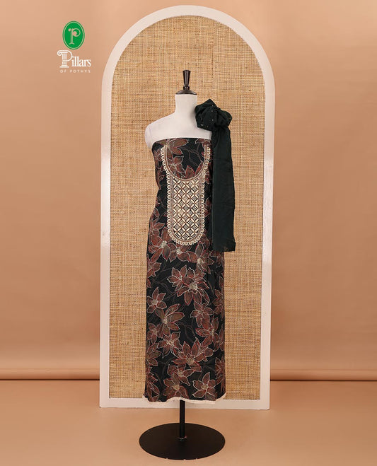 Dark green material chudidar set, floral print & thread neck embroidered rayon top, matching cotton bottom & sequins embroidered floral dupatta