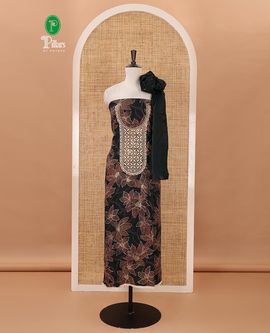 Dark green material chudidar set, floral print & thread neck embroidered rayon top, matching cotton bottom & sequins embroidered floral dupatta