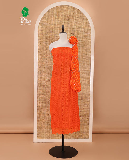 Jalebi orange material chudidar set,  floral, paisley & geometric schiffli embroidered georgette top & orginal mirror embroidered georgette dupatta