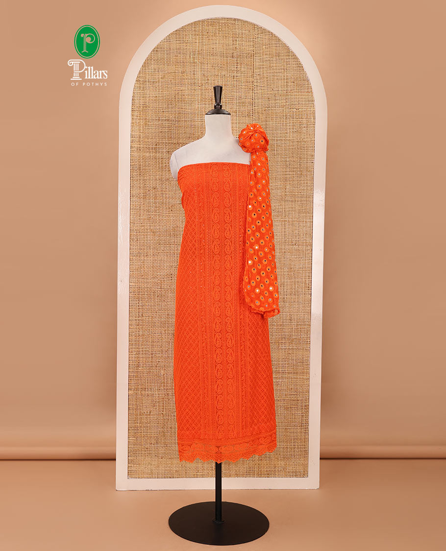 Jalebi orange material chudidar set,  floral, paisley & geometric schiffli embroidered georgette top & orginal mirror embroidered georgette dupatta