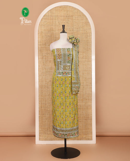 Green material chudidar set, floral-theme batik printed with mirror embroidered crepe top, santoon bottom, and Chinon dupatta of print, and mirror embroidery