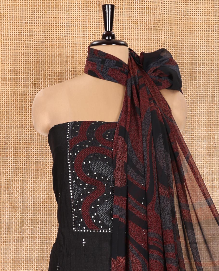Black and Red Material Chudidhar Set Embellished with Patch Neck and Sequins Embroidered Vichitra Silk Top, Plain Santoon Bottom, and Vichitra Silk Abstract Printed Dupatta