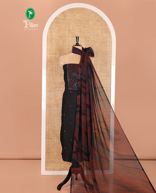 Black and Red Material Chudidhar Set Embellished with Patch Neck and Sequins Embroidered Vichitra Silk Top, Plain Santoon Bottom, and Vichitra Silk Abstract Printed Dupatta