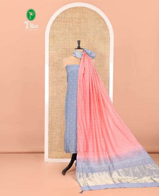 Grey and Pink Semi-Silk Material Churidar Set, Embellished with Bandhani Dots Print, Comes with a Plain Santoon Bottom, and Paired with a Double-Colored Dupatta of Bandhani Dots Print