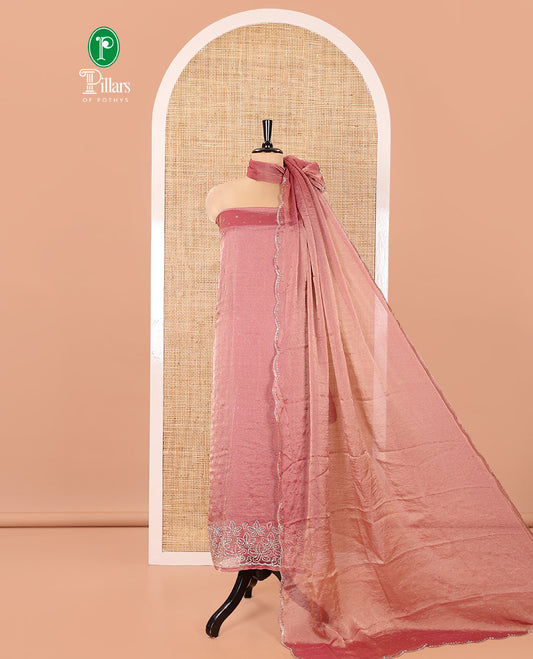 Pink Moss Organza Material Churidar Set, Gleamed Up with Floral Embroidery and Stone Struck on Its Top, a Plain Santoon Bottom, and Paired with a Moss Organza Stone Work Scallop Dupatta
