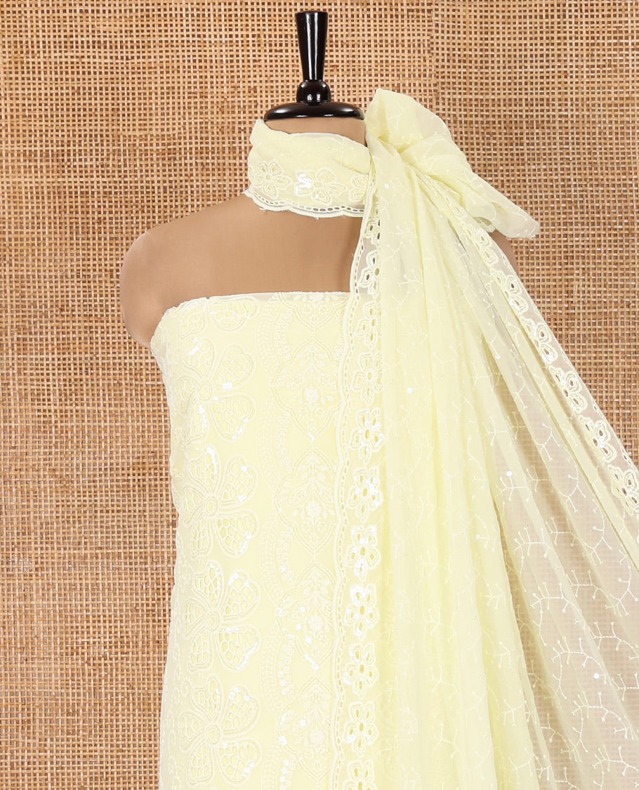 Lemon Yellow Fox Georgette Material Chudidar Set, Adorned with Cut Work and Sequins Embroidered Top, a Plain American Crepe Bottom, and Comes with a  Embroidered Georgette Scallop Dupatta