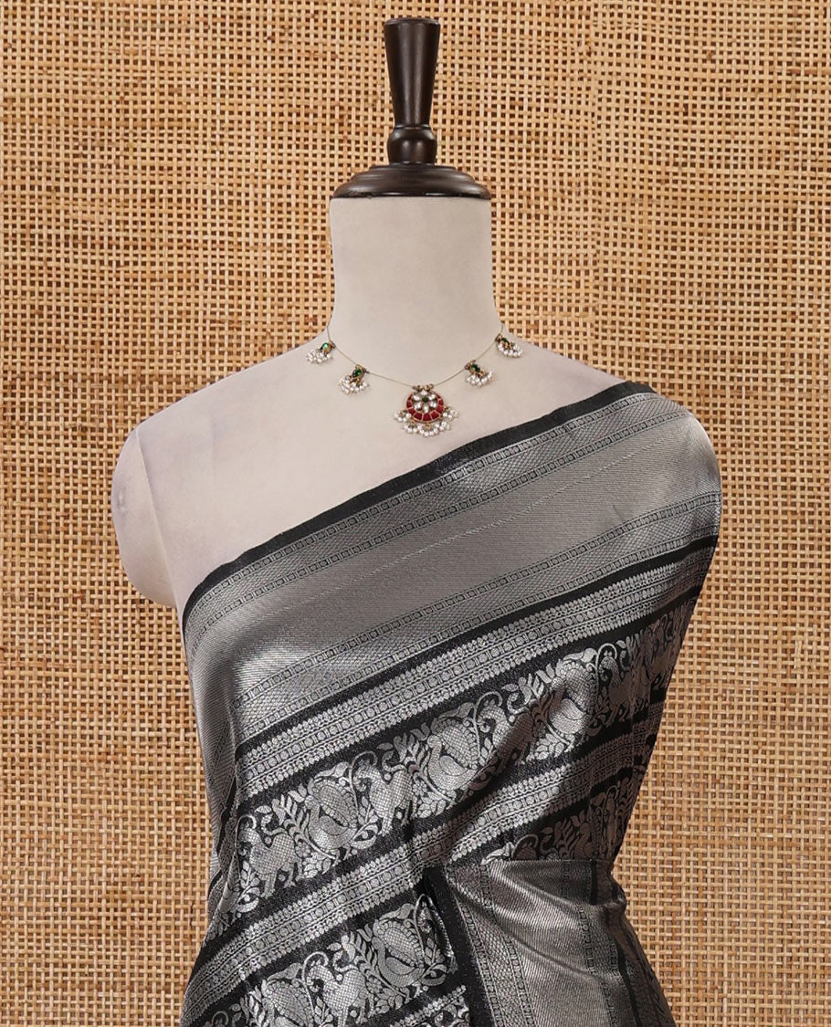 Black mayil & yaali zari jacquard softy saree, traditional zari border, intricate pallu & matching zari design blouse