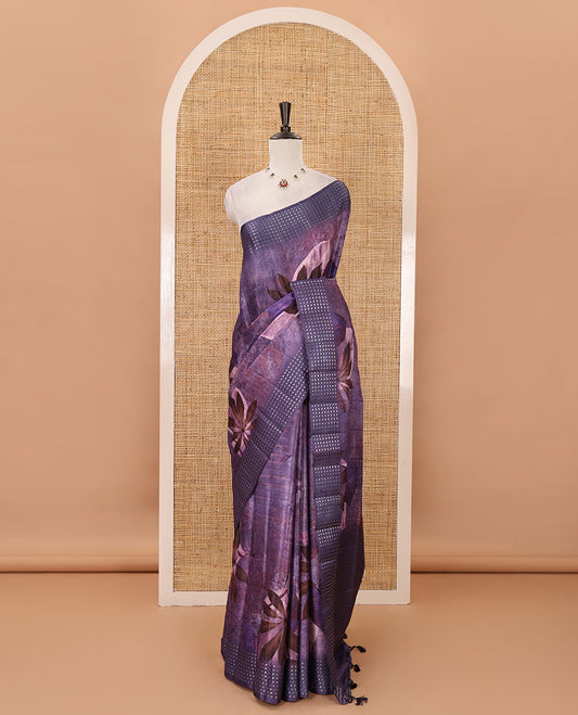 Lavender floral-leaf eco-digital printed fancy tussar saree, zari border, pallu of dobby-style buttas & matching blouse of print & zari work