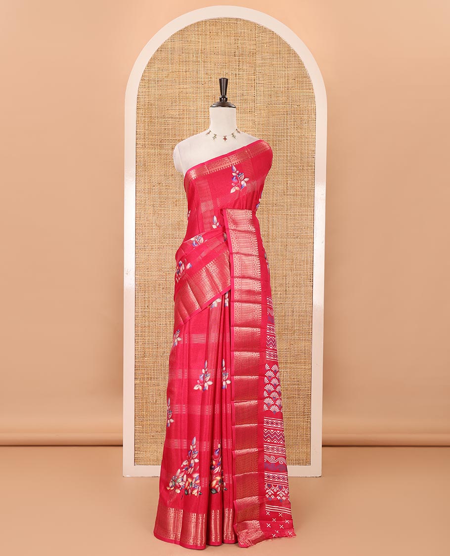 Dark pink zari striped & floral digital printed fancy tussar silk saree traditional zari border, geometric printed pallu & discharge printed blouse