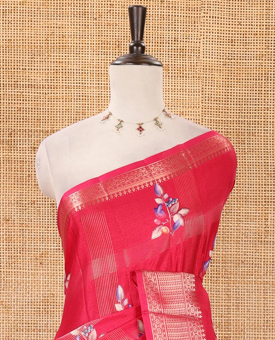 Dark pink zari striped & floral digital printed fancy tussar silk saree traditional zari border, geometric printed pallu & discharge printed blouse