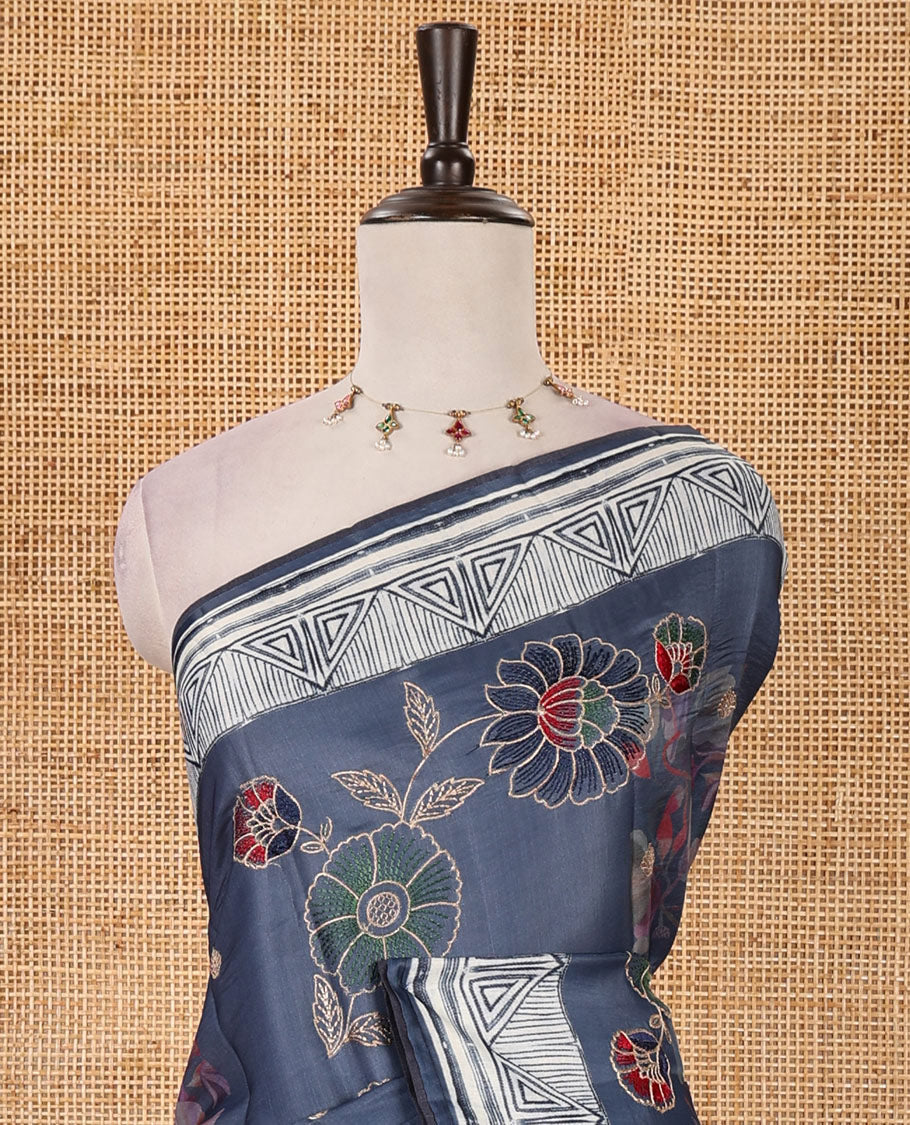 Navy floral print & multi-color floral thread embroidered fancy tussar silk saree, triangle motif print & embroidered border & matching blouse of print & embroidery