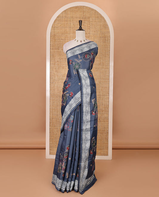 Navy floral print & multi-color floral thread embroidered fancy tussar silk saree, triangle motif print & embroidered border & matching blouse of print & embroidery