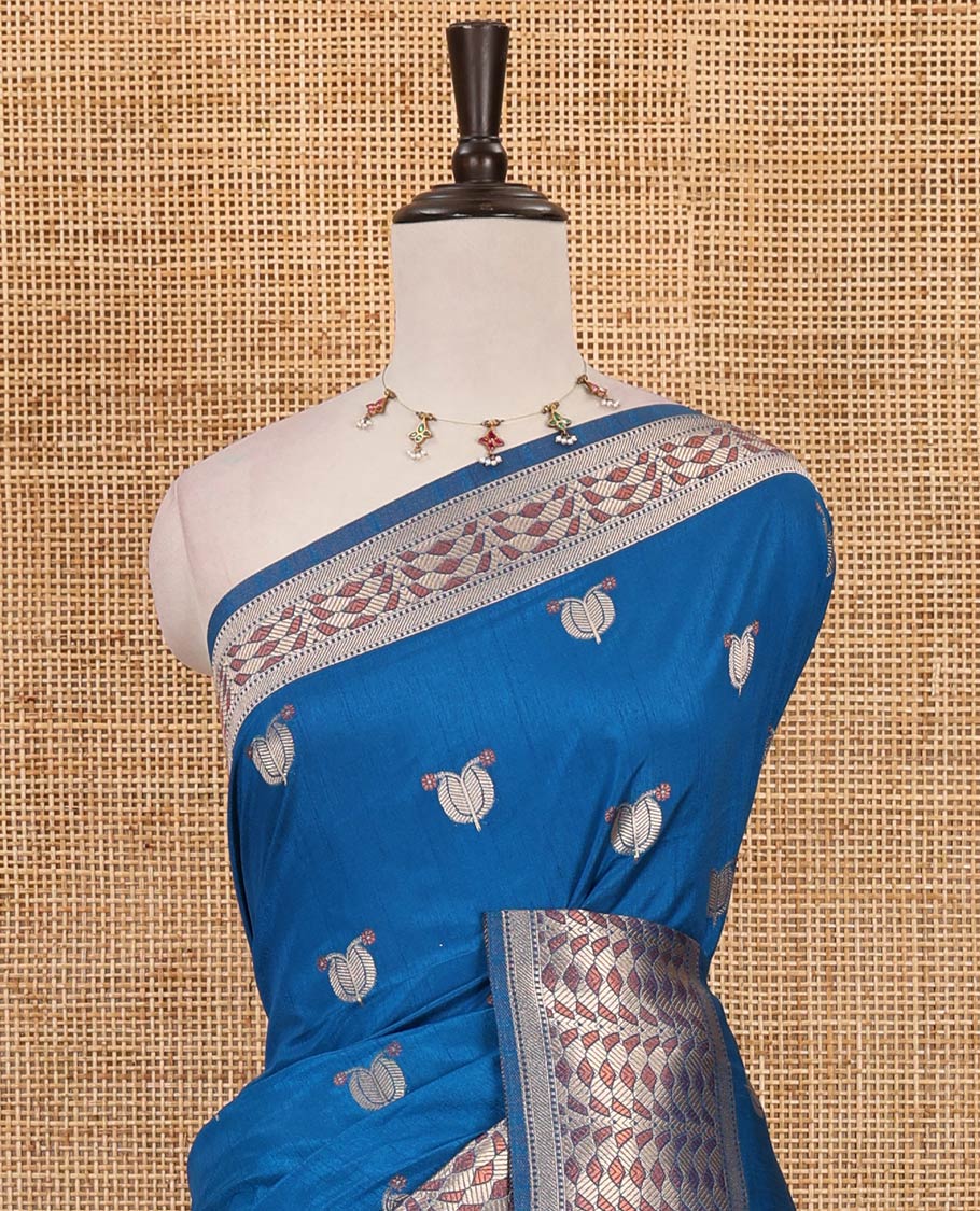 Royal blue leaf zari buttas dola silk saree, geometric patterned zari border, pallu of geometric pattern & diagonal stripes & plain blouse