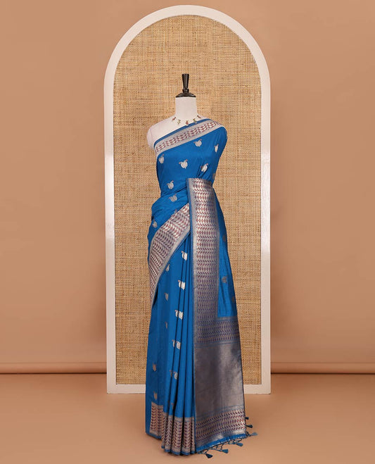 Royal blue leaf zari buttas dola silk saree, geometric patterned zari border, pallu of geometric pattern & diagonal stripes & plain blouse