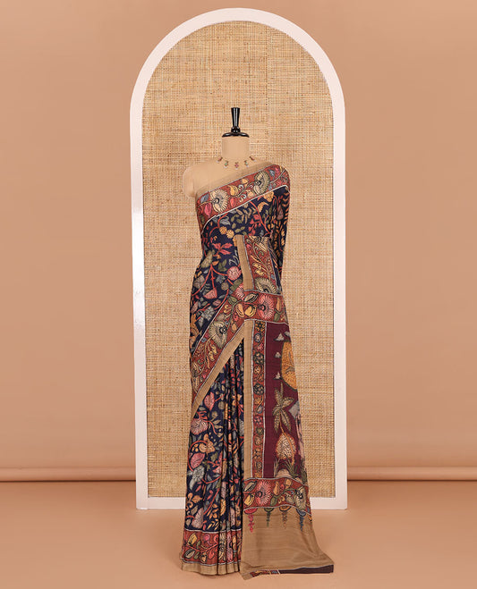 Navy blue kalamkari floral vine printed Italian crepe saree, contrast kalamkari floral creeper printed border, pallu of Pichwai and kalamkari print, and a plain blouse