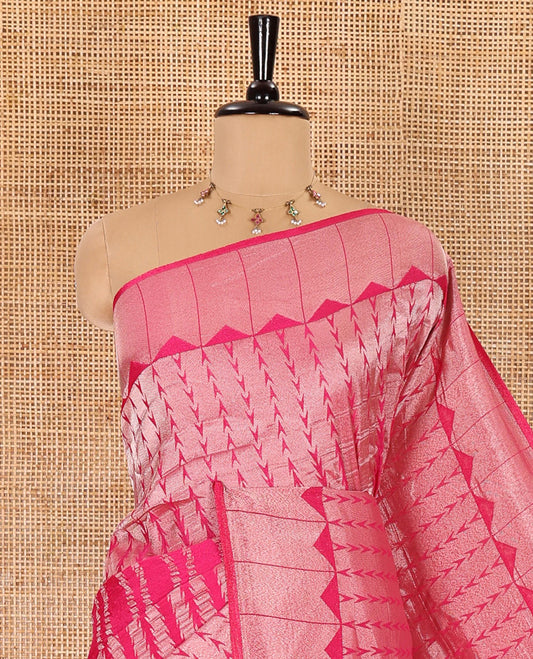 Rani pink zari geometric fancy crepe saree, temple zari border, zari striped pallu, and a matching buttas woven blouse