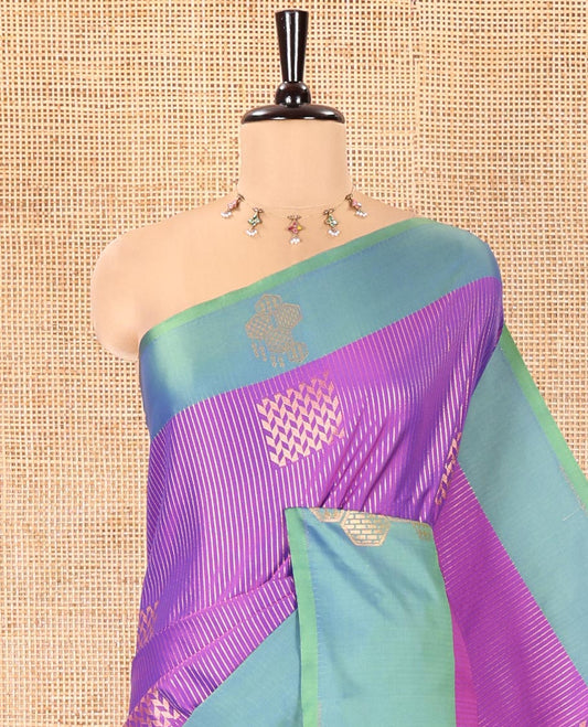 Purple Fancy Soft Silk Saree, Enriched with Zari Buttas and Zari Stripes, Complemented by a Contrast Border of Hexagon-Shaped Designs, Majestically Detailed Pallu, and Paired with a Contrast Blouse