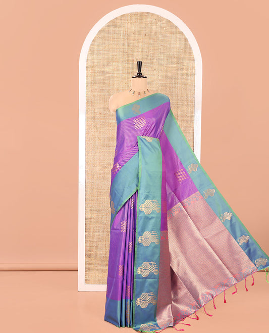 Purple Fancy Soft Silk Saree, Enriched with Zari Buttas and Zari Stripes, Complemented by a Contrast Border of Hexagon-Shaped Designs, Majestically Detailed Pallu, and Paired with a Contrast Blouse