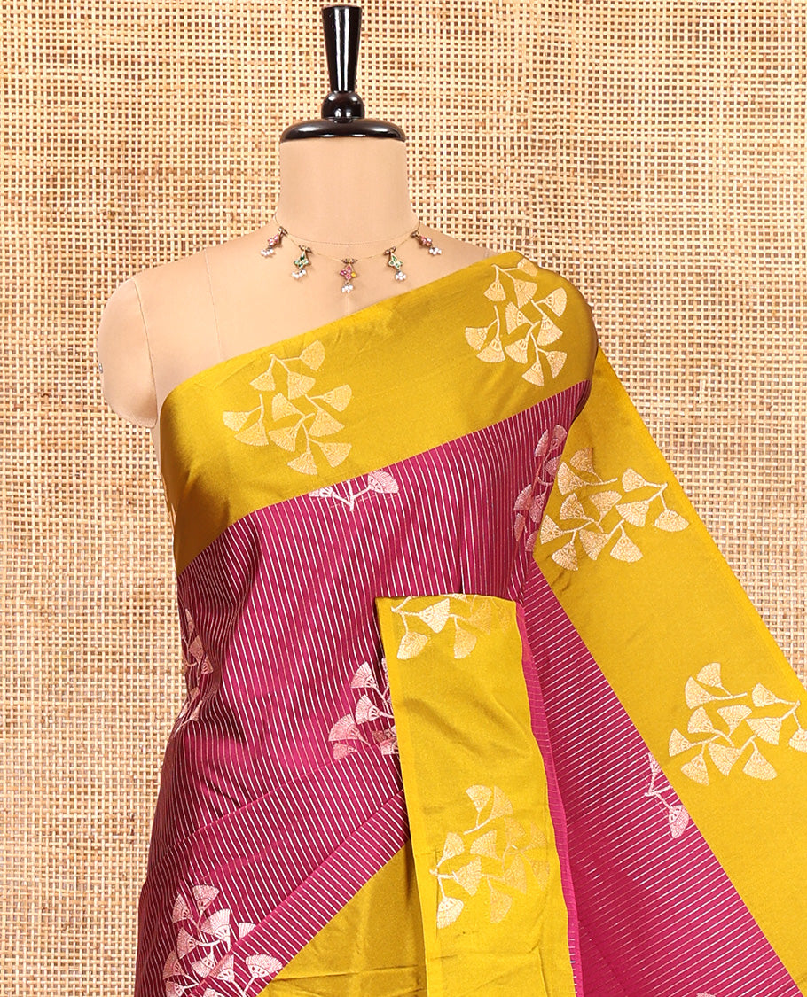 Majenta Semi-Soft Silk Saree, Highlighted by Vaira Oosai Stripes and Floral Buttas All Over Its Body, Complemented by a Contrast Floral Buttas Border, an Intricately Designed Pallu, and Paired with a  Contrast Blouse