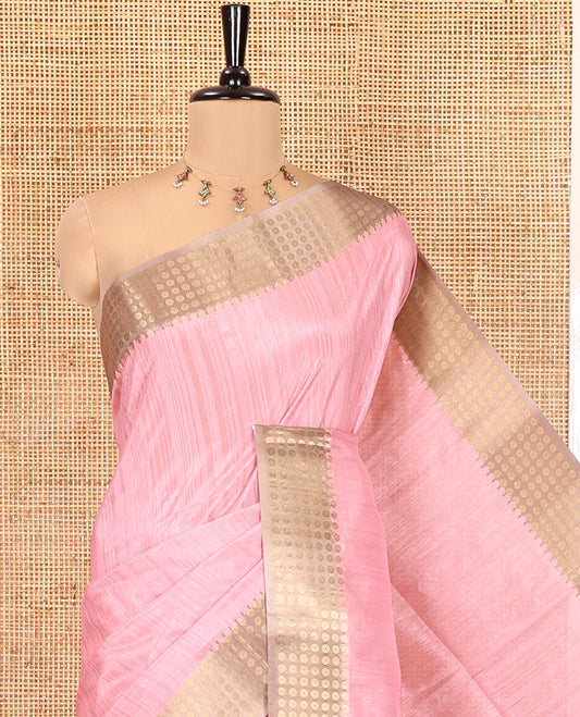 Onion Pink Plain Matka Silk Fancy Saree , Small Polka Dots Woven Temple contrast Border, Pallu Steeped with Polka Dots, and Paired with a Patola-Style Floral Printed Blouse