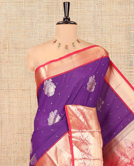 Purple and Pink Budget Silk Saree, Zari Buttas All Over Its Body, With Contrast Traditional Zari Border of Floral Creeper Designs, Grand Ogee-Patterned Pallu, and Contrast Blouse