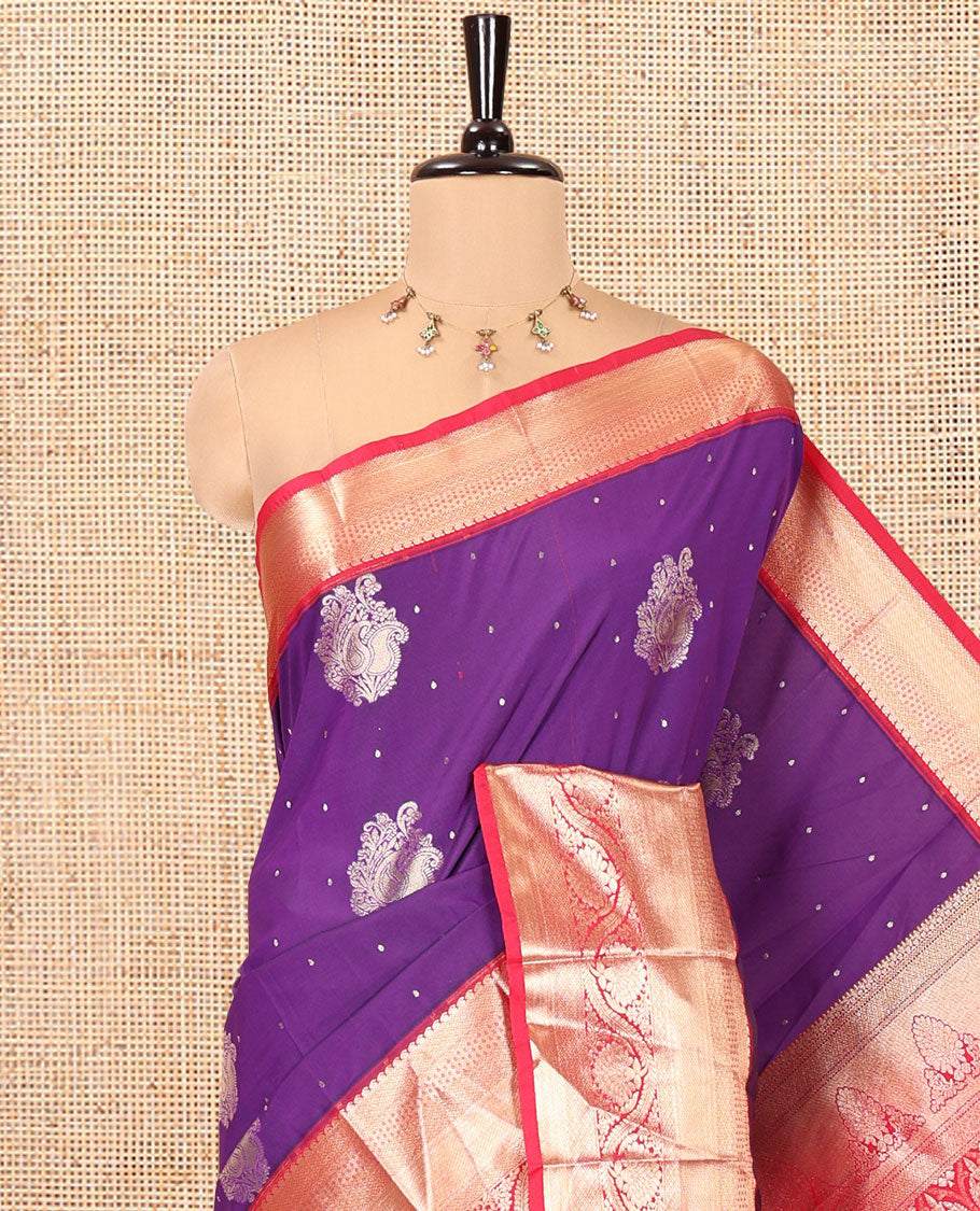 Purple and Pink Budget Silk Saree, Zari Buttas All Over Its Body, With Contrast Traditional Zari Border of Floral Creeper Designs, Grand Ogee-Patterned Pallu, and Contrast Blouse