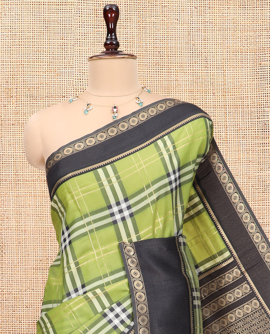 Light Green Budget Silk Saree, Adorned with Burberry-Style Checks, a Contrast Rettai Pettu Border, Intricate Pallu, and a Contrast Blouse
