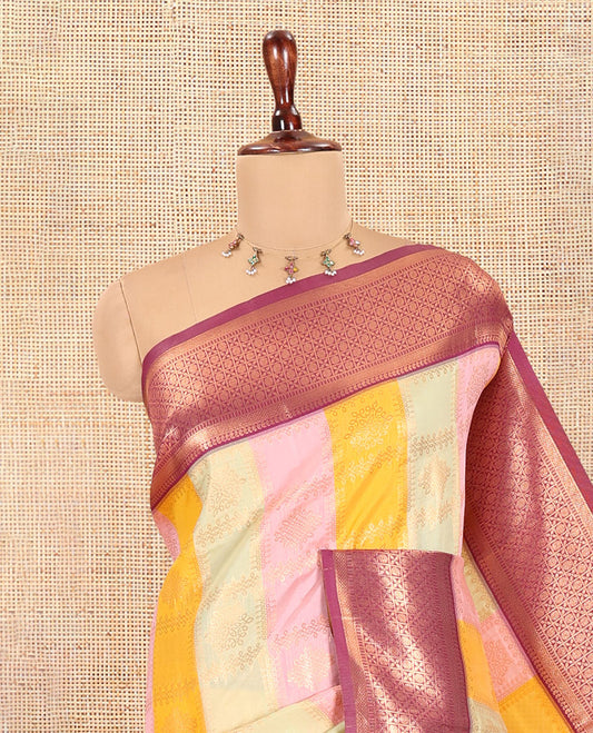 Multi-Color Zari Butta Enclosed Checks Litchi Saree, Decked Up with Contrast Traditional Border and Blouse