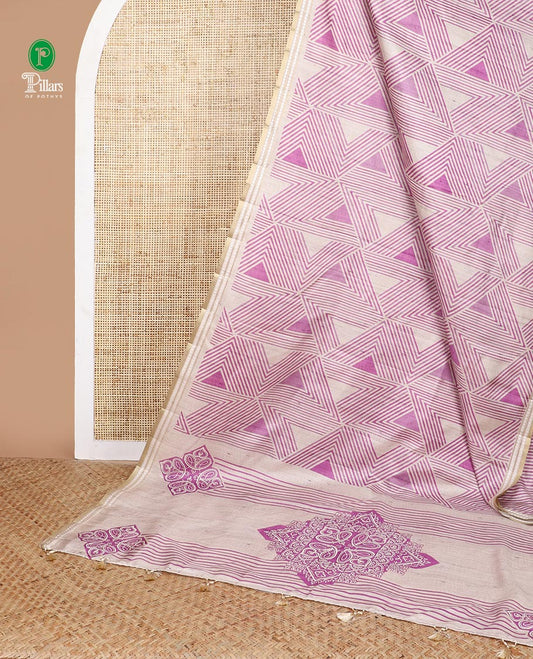 Chikku color with lavender block geometric print fancy tussar silk saree with zari resam border & block print pallu along striped blouse