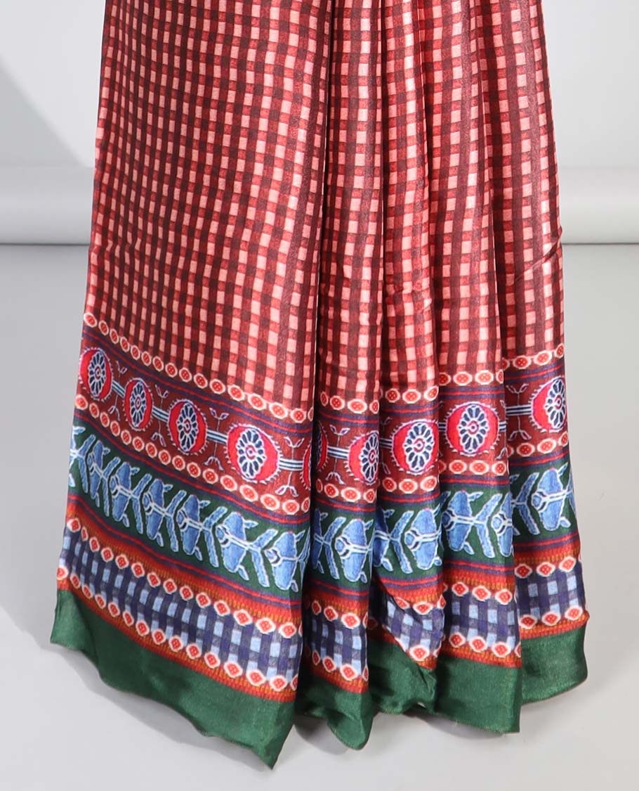 Red checked design  semi-banaras printed saree with contrast geometric border & animal, geometric design pallu