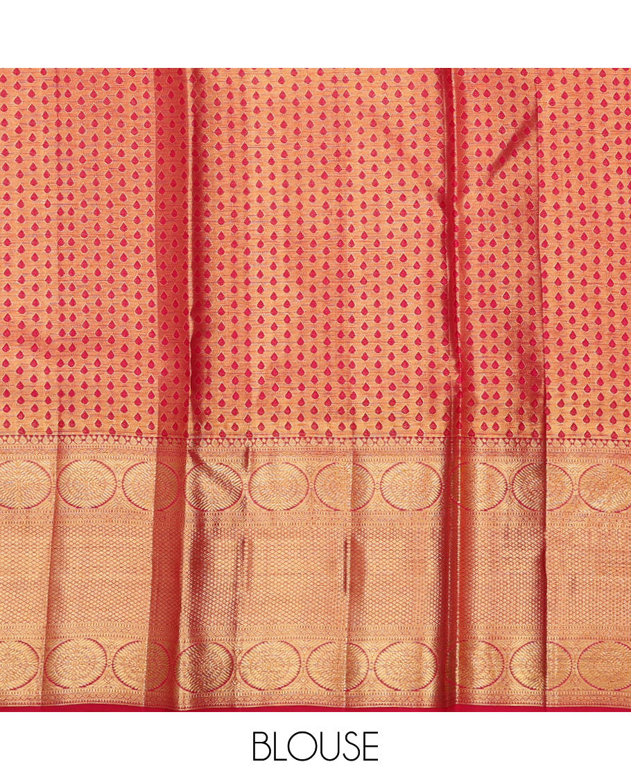 Red pure-silk half saree, jacquard skirt, zari border & blouse of thilakam,muthu,poo chakram & mayil kann & intricate dhavani