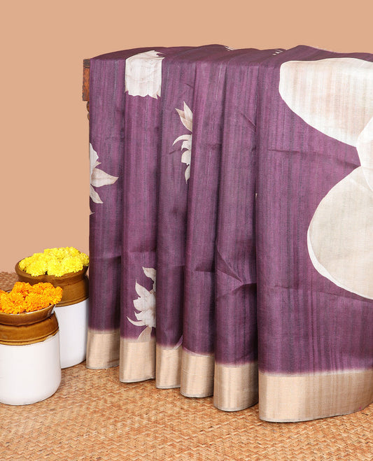 Deep Wine digital floral print semi tussar Saree with  bawanchi zari border & floral printed pallu , contrast printed blouse