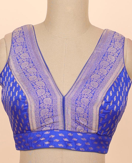 Blue intricate floral zari design front & back deep v-neck raw-silk readymade sleeveless blouse