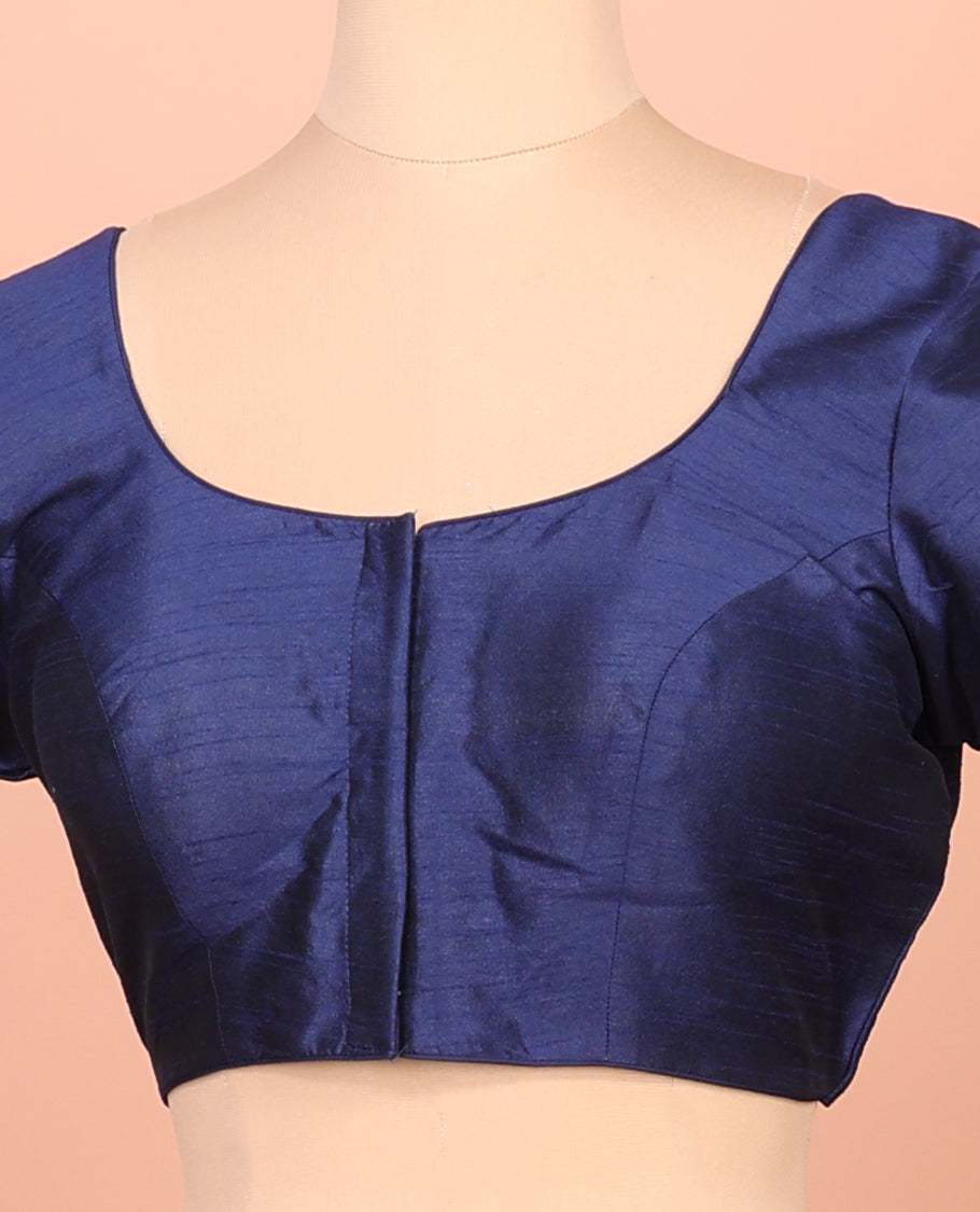 Blue Plain Readymade Blouse Featuring a Front Round-Neck, Back Round-Neck, and Elbow Sleeves