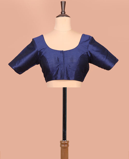 Blue Plain Readymade Blouse Featuring a Front Round-Neck, Back Round-Neck, and Elbow Sleeves
