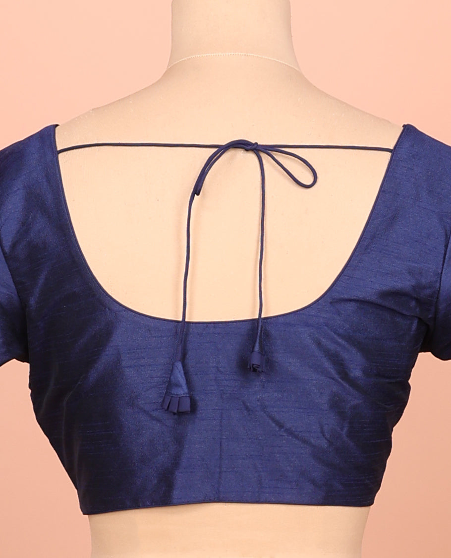 Blue Plain Readymade Blouse Featuring a Front Round-Neck, Back Round-Neck, and Elbow Sleeves