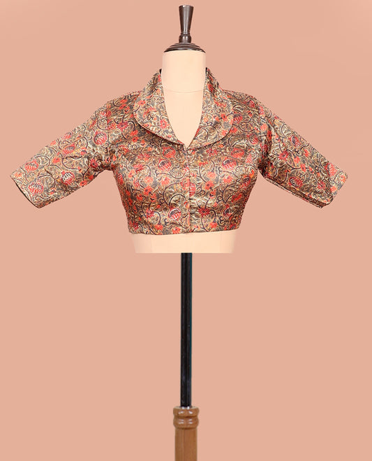 Brown Readymade Blouse, Adorned with a Floral Vine Print, Featuring a Front Shawl-Neck, Back Shawl-Neck, and Elbow Sleeves
