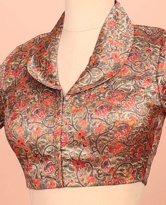 Brown Readymade Blouse, Adorned with a Floral Vine Print, Featuring a Front Shawl-Neck, Back Shawl-Neck, and Elbow Sleeves