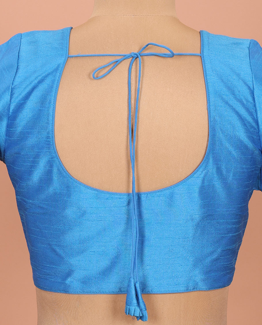Blue plain front-back round-neck elbow sleeve readymade blouse