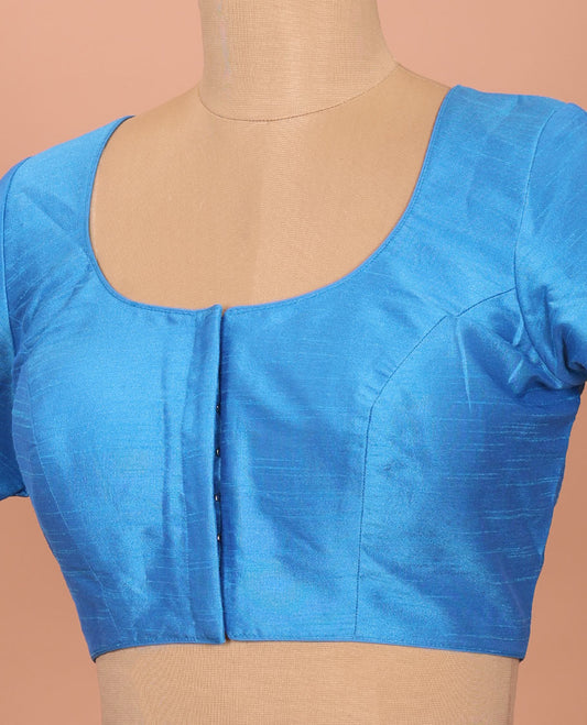 Blue plain front-back round-neck elbow sleeve readymade blouse