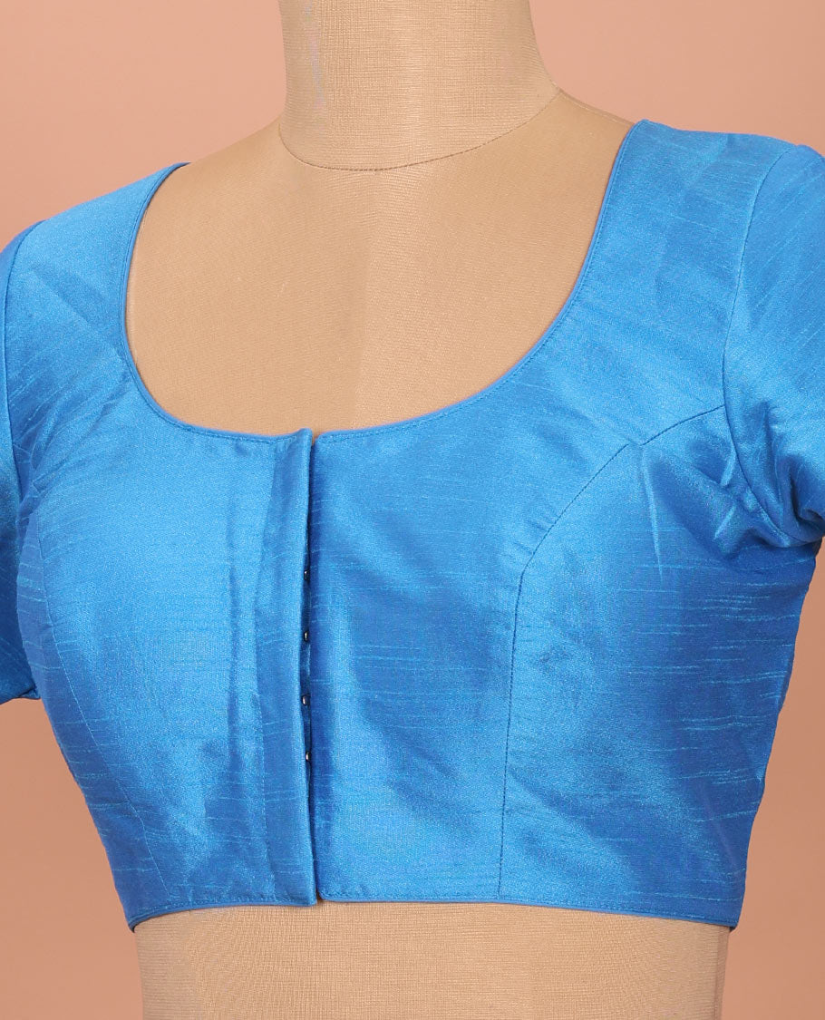 Blue plain front-back round-neck elbow sleeve readymade blouse