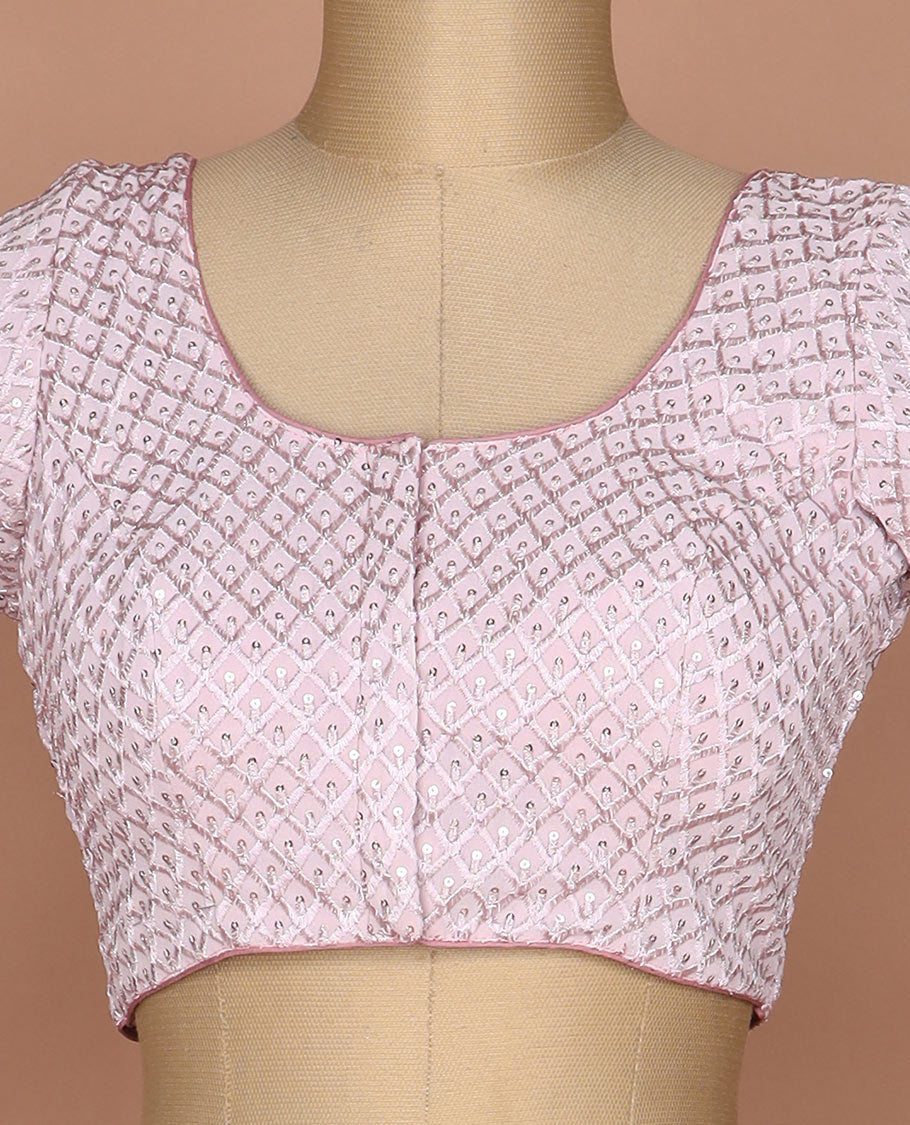 Baby pink thread and sequins argyle design embroidered round neck elbow sleeve raw silk readymade blouse