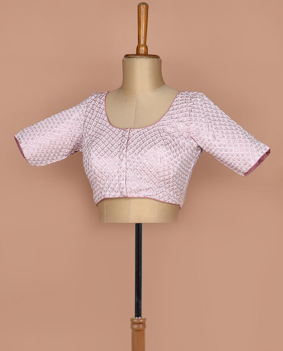 Baby pink thread and sequins argyle design embroidered round neck elbow sleeve raw silk readymade blouse