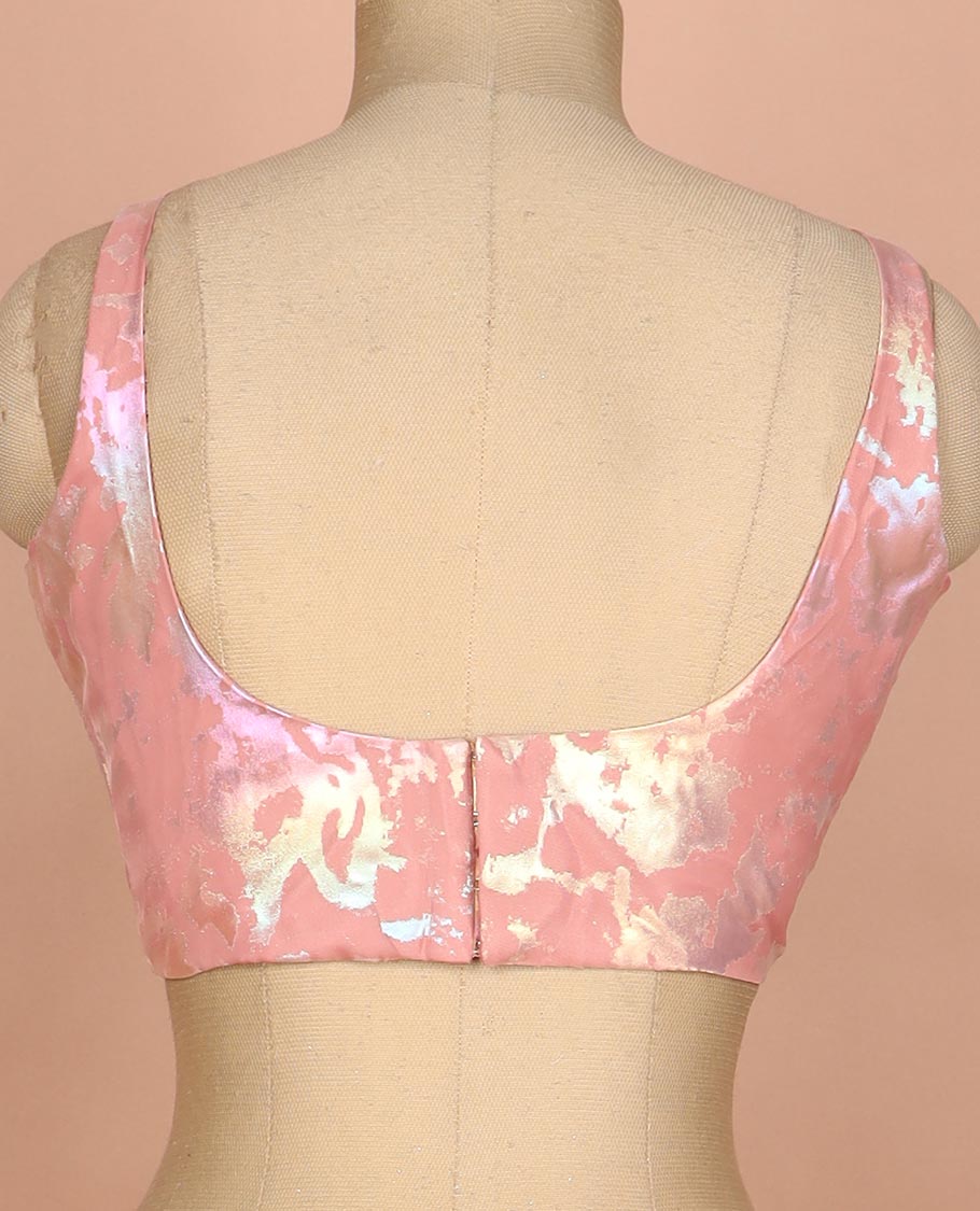 Pinkish peach abstract style foil printed round neck thick strap sleeveless readymade blouse