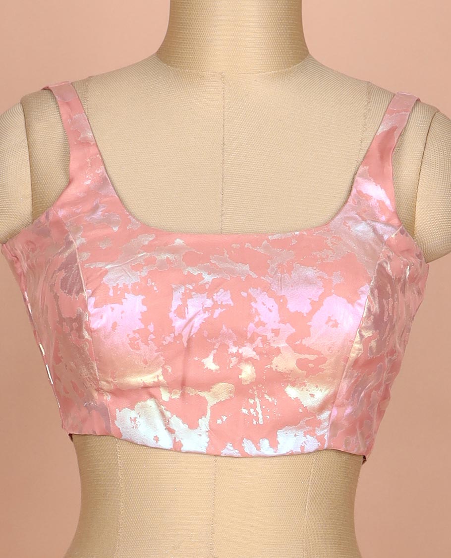 Pinkish peach abstract style foil printed round neck thick strap sleeveless readymade blouse
