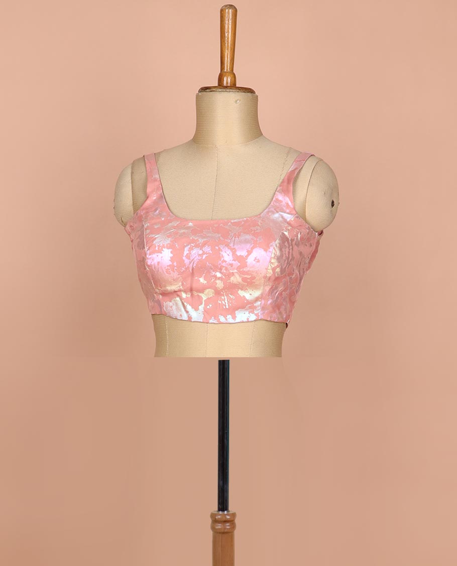Pinkish peach abstract style foil printed round neck thick strap sleeveless readymade blouse